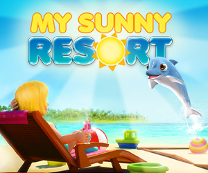My sunny Resort Teaser Grafik Eine Frau liegt am Strand auf einer Liege und entspannt. Vor ihr springt ein Delfin aus dem Wasser und lächelt fröhlich.
